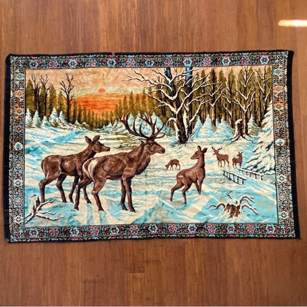 Tapestry Deer Winter Scene Wall Hanging Carpet Size 75 X49‎